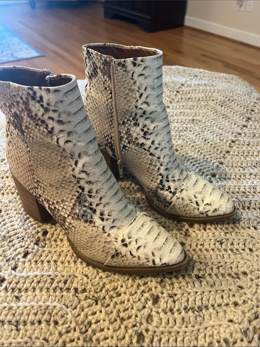 Trixxi Cream Snake-Print Ankle Boots